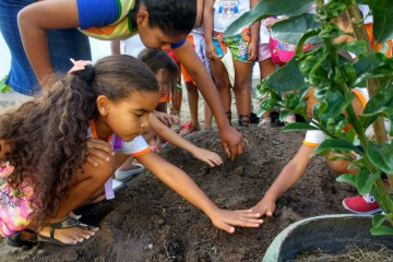 ALUNOS DA ESCOLA VITOR BEZERRA LOLA EM VISITA A HORTA ESCOLAR DA ESCOLA MUNICIPAL MARIA RITA ALVES